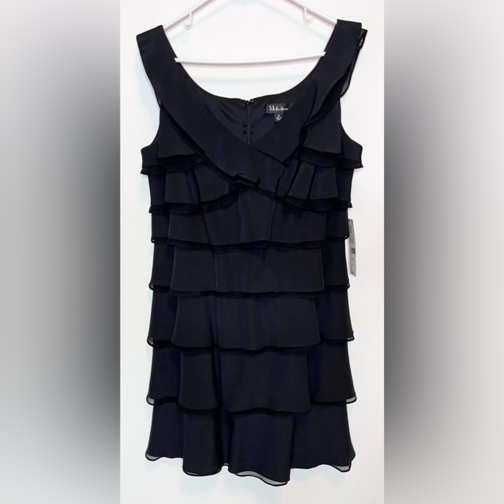 SL Fashions black v neck tiered ruffle dress